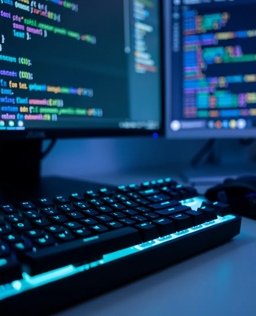 Entorno de edición de código con iluminación cian
